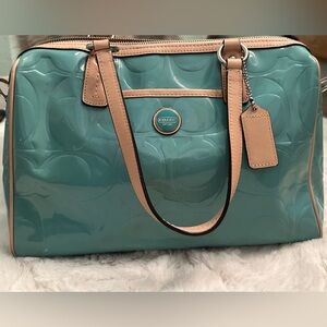 Coach embossed patent turquoise leather satchel